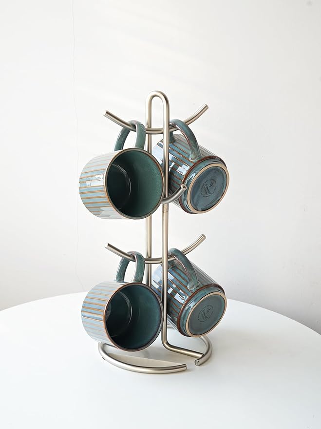 Bosmarlin Stackable Ceramic Coffee Mug Set of 4, 16 Oz, Coffee Cups, Microwave Safe, Unique Reactive Glaze (Teal, 16 Oz)