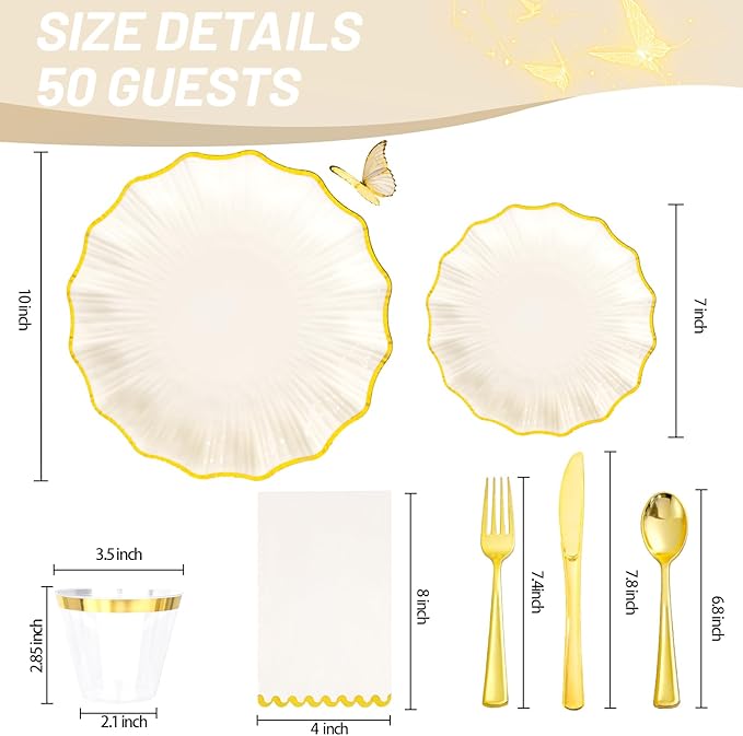 I00000 350 PCS Ivory and Gold Plastic Plates for 50 Guests, Premium Scalloped Disposable Dinnerware Set Include: 100 Disposable Plate, 50 Napkins, 50 Cups, 50 Silverware Set for Party & Wedding