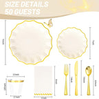 I00000 350 PCS Ivory and Gold Plastic Plates for 50 Guests, Premium Scalloped Disposable Dinnerware Set Include: 100 Disposable Plate, 50 Napkins, 50 Cups, 50 Silverware Set for Party & Wedding