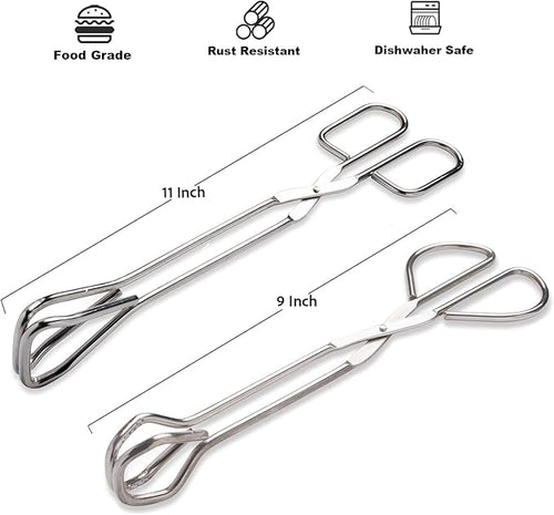9-Inch and 11-Inch Heavy Duty Stainless Steel Kitchen Tongs - Comfortable Ergonomic Grip, Scissor Design, Heat Resistant for BBQ and Cooking