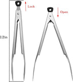 Devico Kitchen Tongs for Cooking, 2-Piece 12 inch 18/8 Stainless Steel Metal BBQ Grill Tongs with Lock