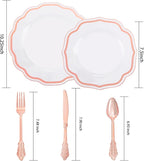 NOCCUR 150PCS Rose Gold Plastic Plates&Rose Gold Silverware-Include 30Dinner Plates, 30Salad plates, 90 Disposable Rose Gold Utensils- Ideal for Weddings/Party/Mother's Day