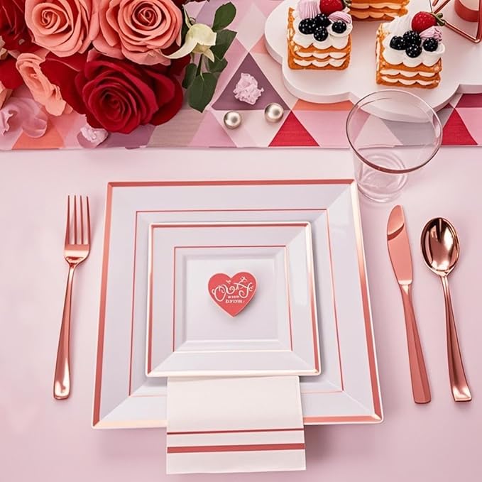 Festiva 350Pcs Rose Gold Plates and Napkins Party Supplies-Square White and Rose Gold Disposable Dinnerware include Plates Cups Cutlery Napkins for 50 Guests Wedding &Mother's Day&Birthday Party