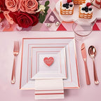 Festiva 350Pcs Rose Gold Plates and Napkins Party Supplies-Square White and Rose Gold Disposable Dinnerware include Plates Cups Cutlery Napkins for 50 Guests Wedding &Mother's Day&Birthday Party