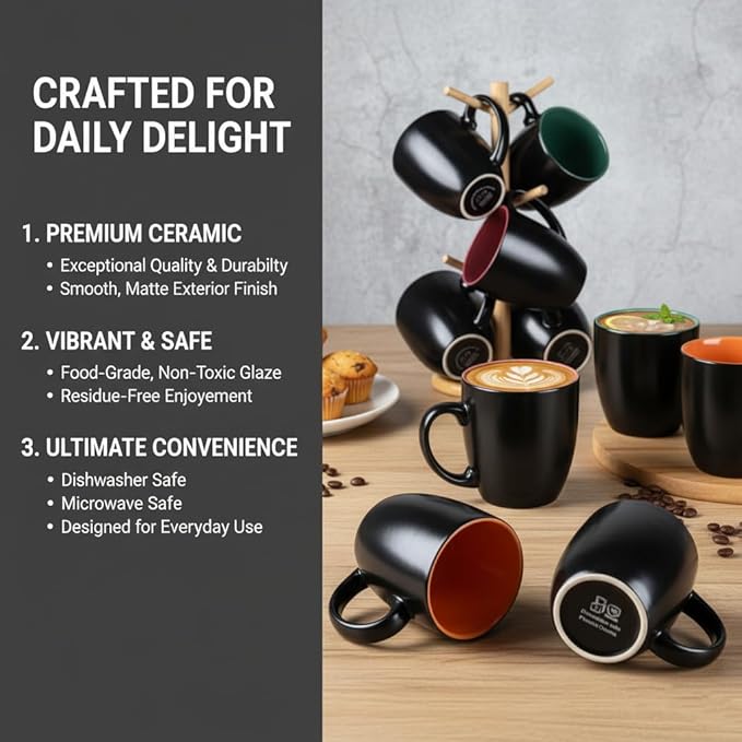 GBhome 12oz Coffee Mugs Set of 6,Ceramic Coffee Mugs for Man, Woman,Restaurant Modern Coffee Mugs Set with handle for Tea/Latte/Cappuccino/Milk/Cocoa. Dishwasher&Microwave Safe,Multi-Color,6 Pack