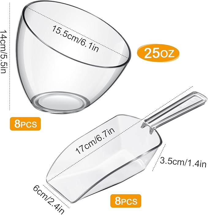 Hoolerry 16 Pcs Serving Bowls Kit Include Clear Plastic Bowls for Parties and Popcorn Measuring Scoops Acrylic Plastic Kitchen Angled Candy Scoops for Office Canister Salad Cooking (25 oz)