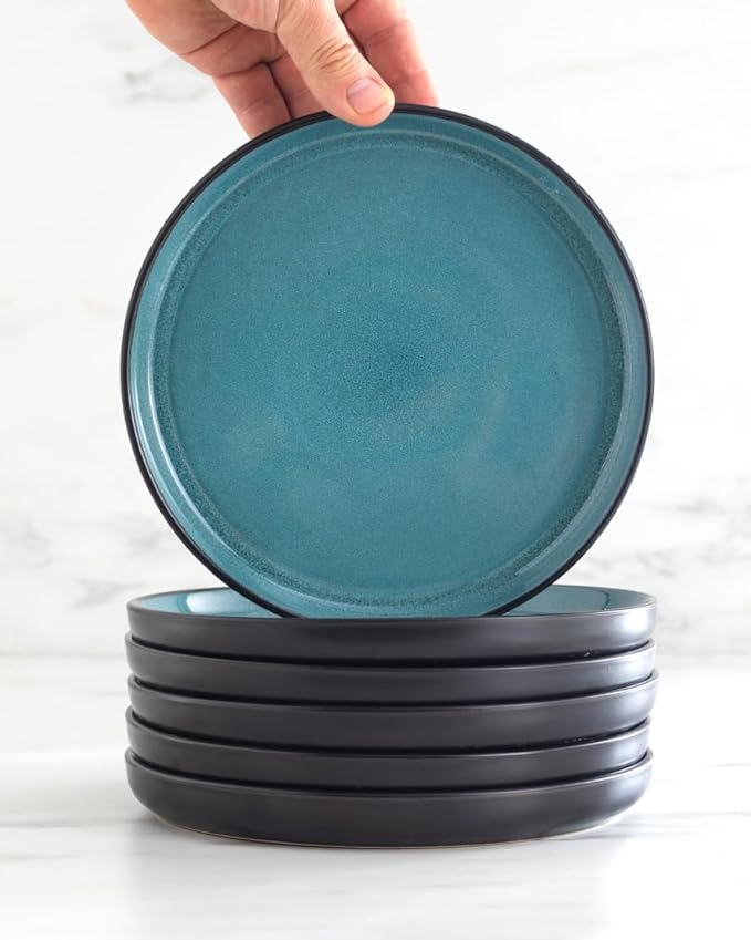 Stoneware Dinnerware Set for 4, 16 Piece Plates and Bowls Set - Handmade Reactive Glaze, Chip & Scratch Resistant Sets - Dishwasher Microwave Safe, Modern Kitchen Dinner Service in Dark Petrol Blue