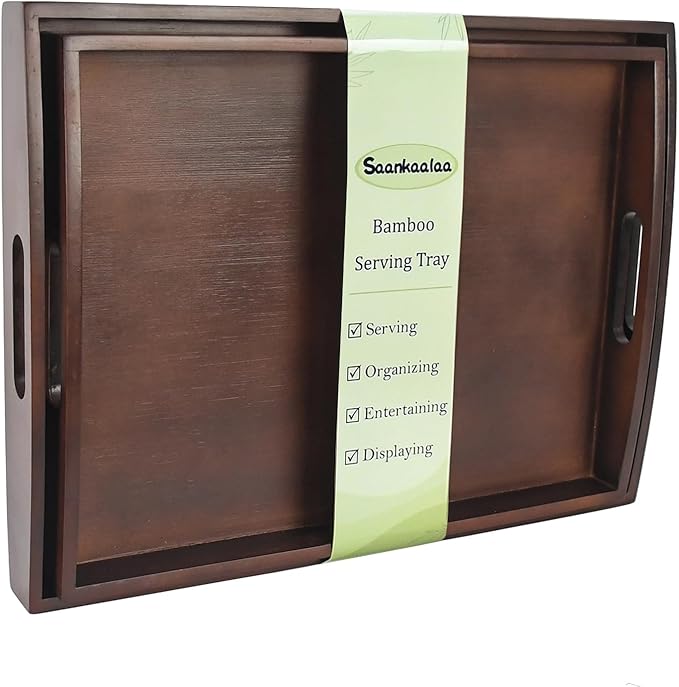 Bamboo Serving Tray with Handles, Set of 2 Large Wood ServingTrays for Food & Coffee, Elegant Wooden Tray for Breakfast in Bed, Kitchen & Party & Entertaining - Black Walnut Finish