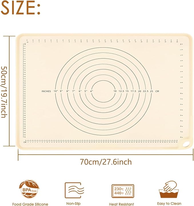 Silicone Baking Mat 28" x 20"Extra Thick Baking Mat with Measurements Non-stick Pastry Mats for Rolling Dough,Bread,Pie,Cookies,Pizza and fondant,Food Grade Kneading mat
