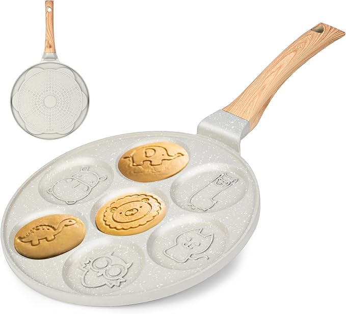 Pancake Maker Egg Frying Pan Suitable for All Stovetops & Induction Cooker, 10.5 Inch Animal Pancake Pan, 7 Molds Pancake Maker with PFOA Free Coating-Beige