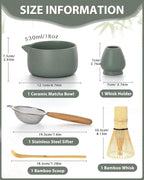 20OZ Matcha Whisk Set - 5PCS Chasen Set Includes Matcha Bowl with Spout, Bamboo Whisk with Ceramic Holder, Macha Scoop and Sifter, Matcha Kit for Ceremony, Gift for Matcha Lovers (Pale Gray-Green)
