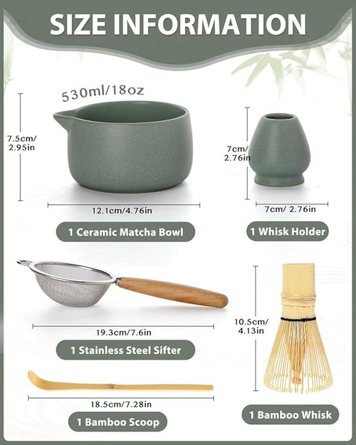 20OZ Matcha Whisk Set - 5PCS Chasen Set Includes Matcha Bowl with Spout, Bamboo Whisk with Ceramic Holder, Macha Scoop and Sifter, Matcha Kit for Ceremony, Gift for Matcha Lovers (Pale Gray-Green)