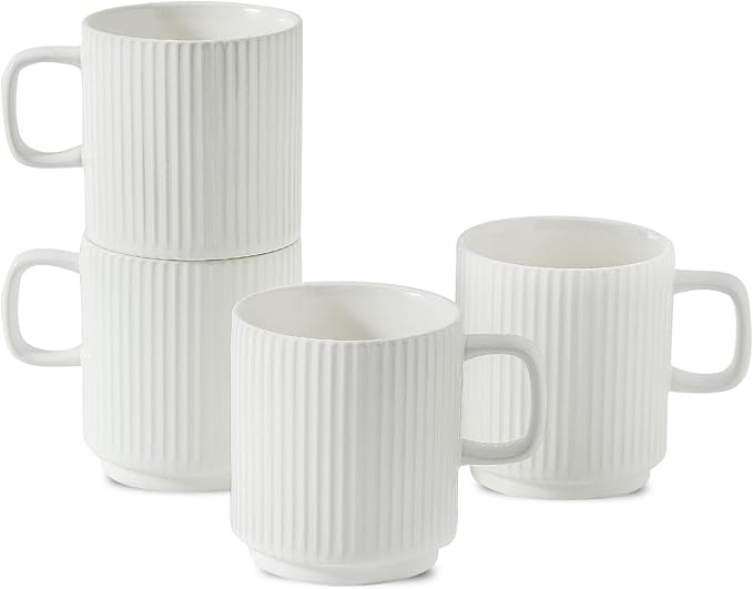 Ceramic Coffee Mugs Set of 4, Ribbed Tea Coffee Cups Set with Handle, Large Porcelain Mug for Americano, Latte, Cappuccino, Hot Chocolate, White