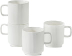 Ceramic Coffee Mugs Set of 4, Ribbed Tea Coffee Cups Set with Handle, Large Porcelain Mug for Americano, Latte, Cappuccino, Hot Chocolate, White