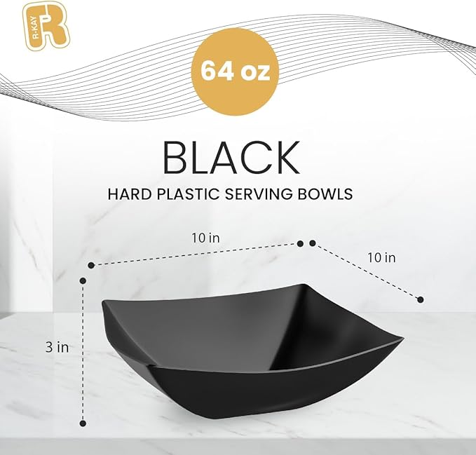 R-kay 6 Pack Square Plastic Black Serving Bowls - Black Plastic bowls 64 Oz - Salad Bowls Large Serving - Premium Heavy Duty For Weddings Catering And Birthday parties