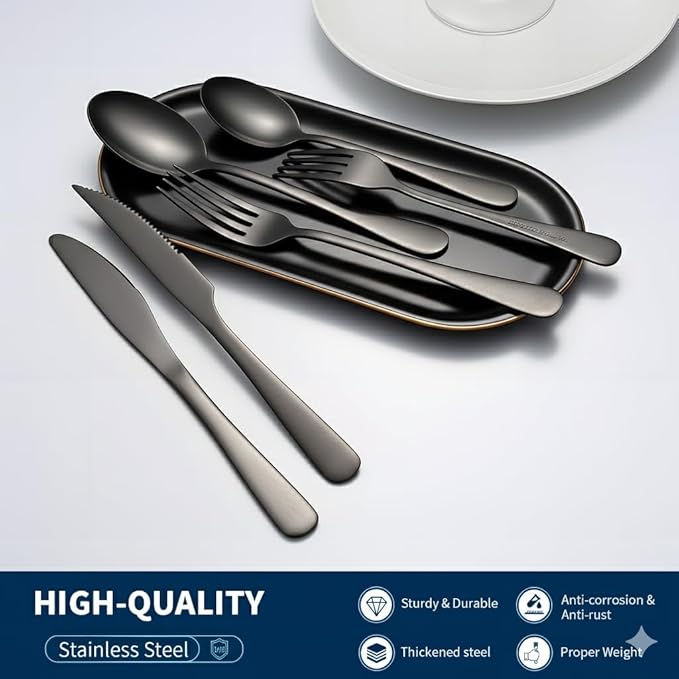 GPY Black Silverware Set with Steak Knives, 36-Piece Stainless Steel Flatware Set Service for 6, Titanium Plated Black Eating Utensils, Modern Mirror Finish Cutlery for Kitchen & Home