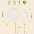 YOUBET 125PCS Scalloped Plastic Plates - Ivory Scalloped Disposable Plates - Gold Plastic Dinnerware Set Include 50 Plates, 75 Gold Silverware for Party & Wedding