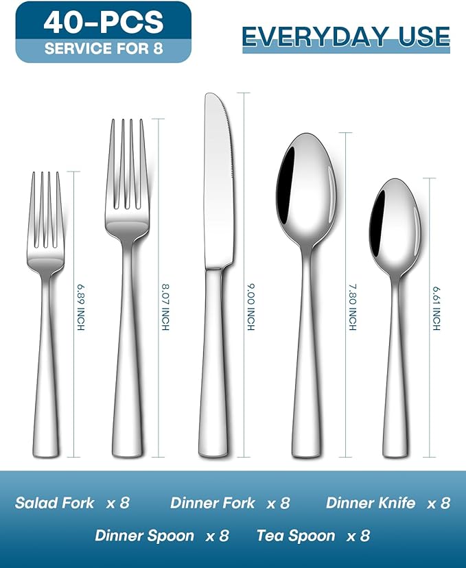 Stapava 40 Piece Silverware Set, Food-Grade Stainless Steel Flatware Sets for 8 Mirror Polished Cutlery Utensil Sets Include Dinner Knives Spoons and Forks Set Dishwasher Safe for Home Restaurant