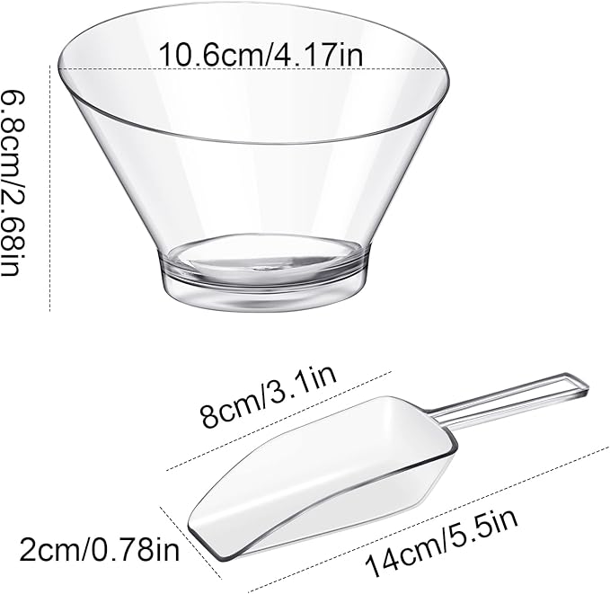 Sawysine 24 Pcs Plastic Clear Serving Bowls with Kitchen Plastic Scoops Salad Serving Bowls Popcorn Scoops Angled Candy Container for Salad Cooking Parties, 210 ml