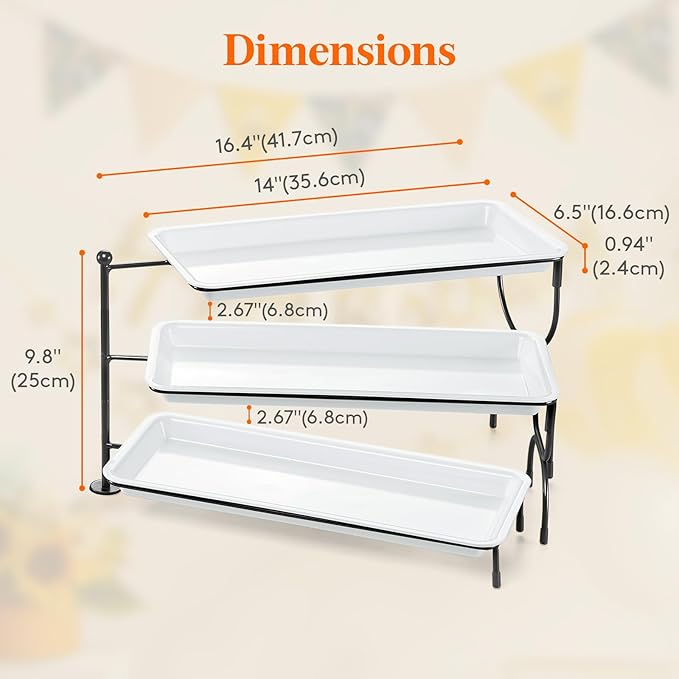 Lifewit 3 Tier Serving Tray, 36 x 17 cm/14 x 6.5 White Plastic Tiered Food Serving Platters, Rotating Tiered Tray Stand for Party with Black Collapsible Metal Stand, Dessert Table Stands for Cookies