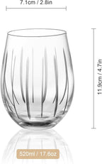 Joeyan Hand Blown Etched Stemless Wine Glasses for Red Wine,Large Carved Drinking Glass Cups Tumblers with Dots Strips Pattern for Wedding Anniversary Party Home,Set of 2, 17.5 oz, Dishwasher Safe