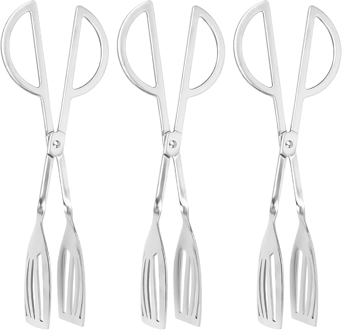3PCS 9.8-Inch Stainless Steel Salad Tongs for Serving Heavy Duty Serving Tongs for Home Parties, Weddings, Buffets, Barbecues, Kitchen Utensils for Cake, Steak, Salad and More (3, Silver)