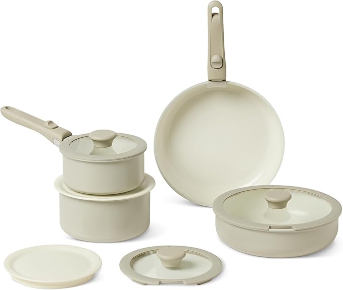 Amazon Basics Ceramic Nonstick Pots and Pans Set with Detachable handle, 11-Piece Stackable set, All Cooktop Friendly, Includes Saucepan, Frying pan, Linen Gray.