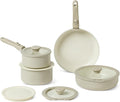 Amazon Basics Ceramic Nonstick Pots and Pans Set with Detachable handle, 11-Piece Stackable set, All Cooktop Friendly, Includes Saucepan, Frying pan, Linen Gray.
