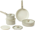 Amazon Basics Ceramic Nonstick Pots and Pans Set with Detachable handle, 11-Piece Stackable set, All Cooktop Friendly, Includes Saucepan, Frying pan, Linen Gray.