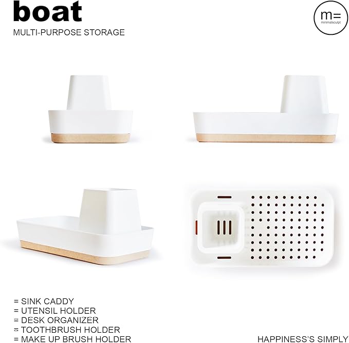 M= MINIMALSCULPT = Boat Multi-Purpose Storage, Sink Caddy, Utensil Holder, Desk Organizer, Toothbrush Holder, Make up Holder (White)