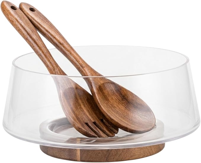muso wood Salad Bowl Set Large-capacity Glass Salad Bowl with Acacia Wood Base and Salad Spoon-fork Perfect for Family Gatherings and Dinner Parties Mix Effortlessly