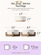 LE TAUCI PET Ceramic Dog Bowls for Medium Small Dogs - 4 Cup Medium Dog Food and Water Bowls with Wood Stand, Cute Pet Dishes Set of 2, Lines+Dot