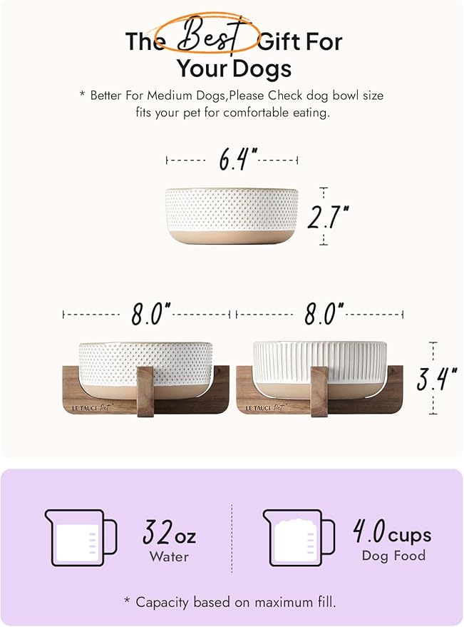 LE TAUCI PET Ceramic Dog Bowls for Medium Small Dogs - 4 Cup Medium Dog Food and Water Bowls with Wood Stand, Cute Pet Dishes Set of 2, Lines+Dot