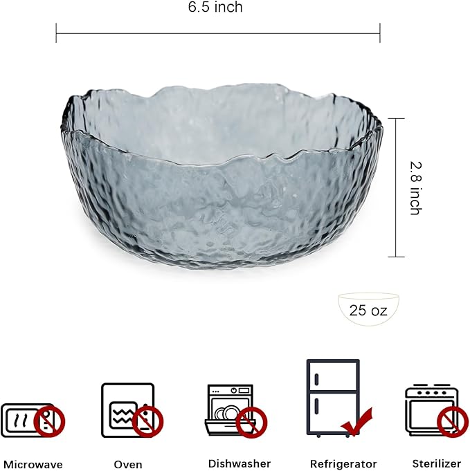 TOSSOW Glass Salad Bowl Irregular Shape Serving Bowls, 25 oz Pyrex Mixing Bowls for Kitchen Prep, Fruit, Snack, Dessert, and Candy Dishes or Nut Bowls(Grey)