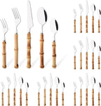 30PCS Silverware Set for 6, Bamboo Handle Flatware Set, Stainless Steel Cutlery Set for Home Restaurant and Party, Bamboo Forks Spoons and Knives Set, Polished Tableware