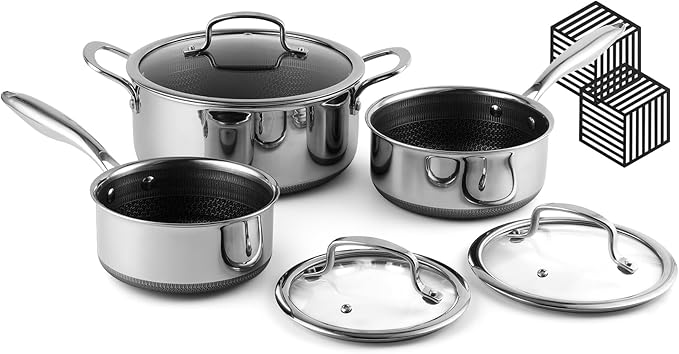 Hybrid Non Stick Pot Set 6 Pcs with 2 Silicone Trivets, 1.5, 2.5 QT Saucepan & 5.2 QT Stock Pot with Glass Lids, Stay-Cool Handles, Dishwasher Safe, Induction Ready, Compatible All Cooktops