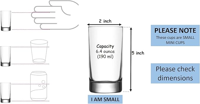 BOHEM'S Small Juice Glasses, Mini Clear Glass Cups Tumblers, Drinking Glassware for Orange Juice, Water, Milk, Coffee, Perfect for Tasting and Small Portions, Set of 6, (6.4 oz)