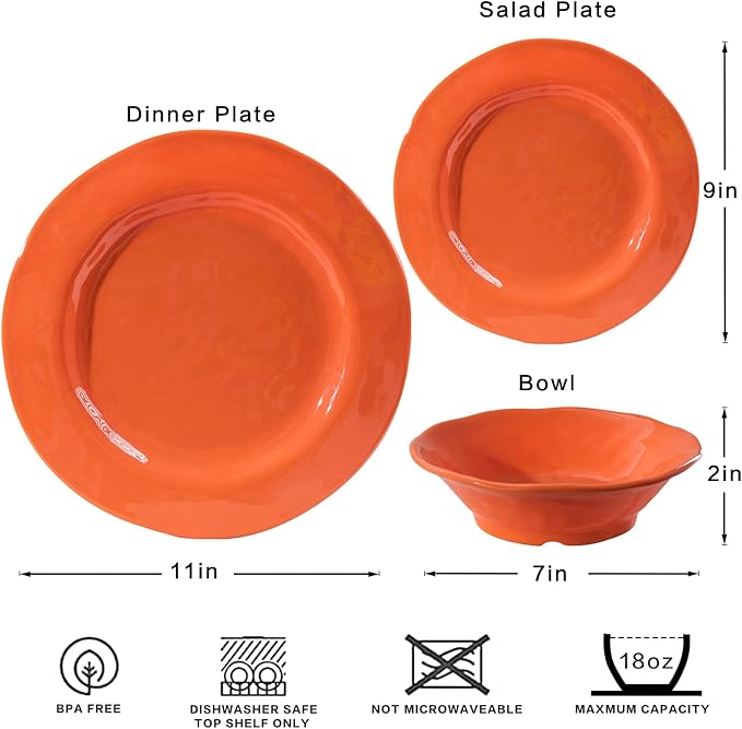 LEHAHA Orange Melamine Dinnerware Set, 12 Piece Kitchen Tableware Plates Bowls Dishes Set, Lightweight Unbreakable Dinnerware Set for 4, Dishwasher Safe and BPA free