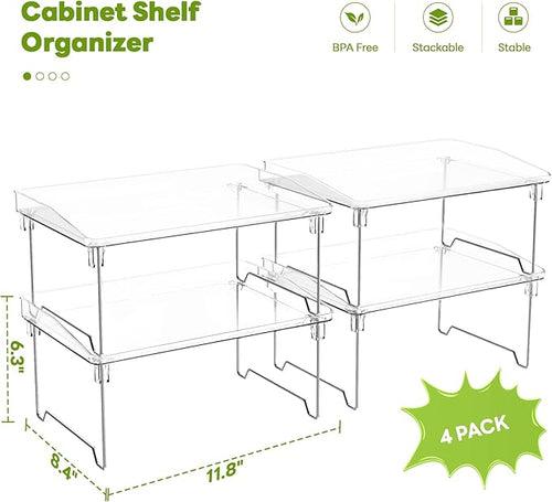Acrylic Cabinet Organizer Shelf,4 Pcs Stackable Kitchen Counter Shelves,Spice Rack,Countertop Organizers,Clear Plastic Storage Organization for Makeup，Bathroom,Cupboard,Desk,Pantry
