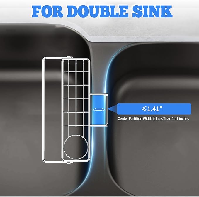 Sponge Holder for Double Kitchen Sink, 3-in-1 Sink Caddy, Brush, Dish Towel, Sponge Sink Organizer Liquid Drainer Rack - SUS304 Stainless Steel