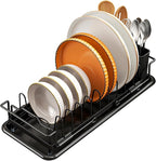 Small Sink Dish Drying Rack - Expandable Dish Rack Over Sink with Drainboard, Adjustable Dish Drainer with Utensil Holder, Compact Plate and Bowl Rack for Kitchen Counter,Black
