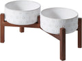 Havniva 7.3inch Ceramic Raised Double Bowls Set with Acacia Wood Stand, Food & Water Bowls for Medium Breed Dogs, Weighted Dog Dishes, Pet Bowl(41OZ, Arctic White)