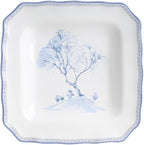 222 Fifth 12-Piece Porcelain Dinnerware Set for 4, Glossy White Plates and Bowls Set with Blue Decal, Elegant Square Ceramic Dish Set, Kitchen Tableware, Microwave & Dishwasher Safe, Scenic Toile