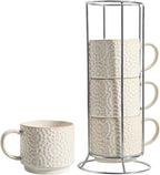 6 Oz Coffee Cups Set of 4, Stackable Coffee Mugs with Stand, Ceramic Cappuccino Cup, Embossed Espresso Cups for Latte, Tea, Cocoa, Mocha, Housewarming Present, Dishwasher Safe