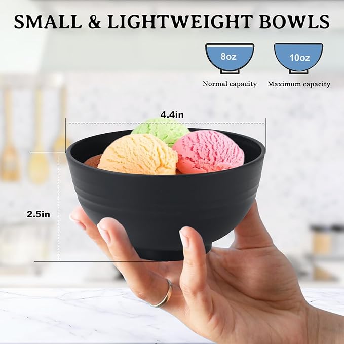 Black Wheat Straw Bowls, 10 OZ Unbreakable Snack Bowls Set of 8, Alternative Plastic Bowl Reusable, Microwave Safe Small Appetizer Bowl for Dessert, Snack, Ice Cream (Black)