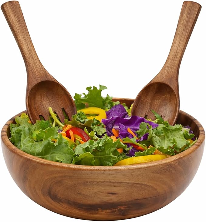 Acacia Wooden Salad Bowl Set – 9” Round Handcrafted Bowl with 2 Wood Servers, Rustic Durable Serveware for Salads, Fruit, Snacks & Everyday Dining, Gift-Ready Set of 3