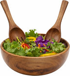 Acacia Wooden Salad Bowl Set – 9” Round Handcrafted Bowl with 2 Wood Servers, Rustic Durable Serveware for Salads, Fruit, Snacks & Everyday Dining, Gift-Ready Set of 3