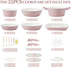 23Pcs Ceramic Cookware Set Non Stick Pots and Pans Set Non Toxic with Detachable Handle Induction Kitchen Cookware Set Space Saving, Oven & Dishwasher Safe, Light Pink