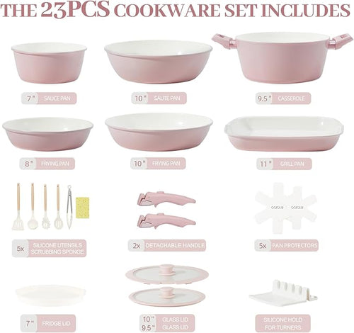 23Pcs Ceramic Cookware Set Non Stick Pots and Pans Set Non Toxic with Detachable Handle Induction Kitchen Cookware Set Space Saving, Oven & Dishwasher Safe, Light Pink