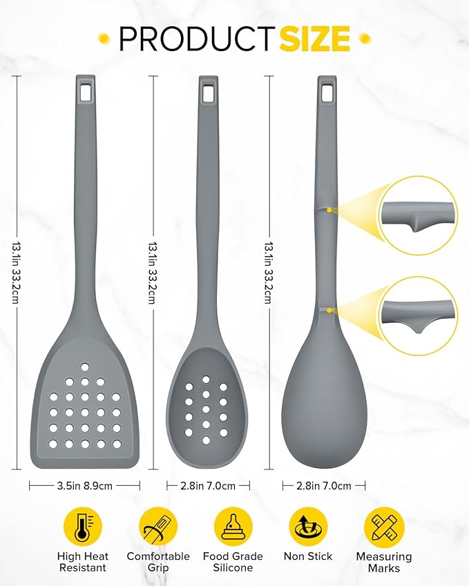Pack of 4 Silicone Cooking Utensils Set, Non Stick Solid Spatulas and Heat Resistant Slotted Spoons with Back Hooks, Ideal BPA Free Kitchen Utensils Set for Frying,Serving,Turning,Stirring (GRAY)